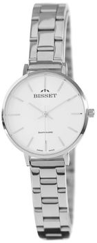Bisset BSBF30 – elegancki damski zegarek szwajcarski z mechanizmem kwarcowym, białą tarczą, szafirowym szkłem i stalową bransoletą z blokadą. Wodoszczelność 30 m.1.jpg